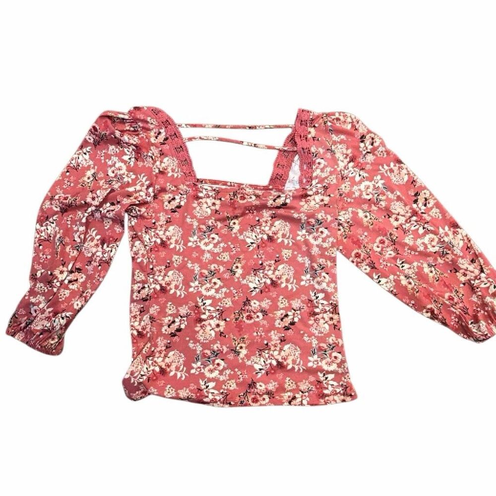 Almost Famous Pink Floral Long Sleeve Blouse Square Neck Strappy Back Top Medium